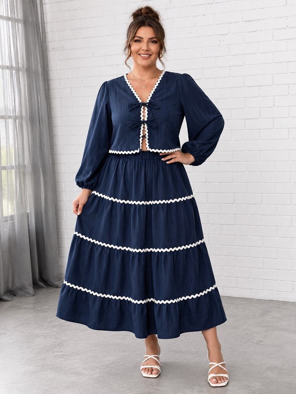 Cottagecore 1XL Navy Blue 2 Piece Skirt Set Ric Rac Trim Boho Cottagecore